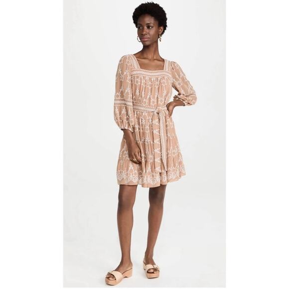 Shoshanna Dresses & Skirts - Shoshanna Torres tan and white long sleeve eyelet dress with tie waist women's 6